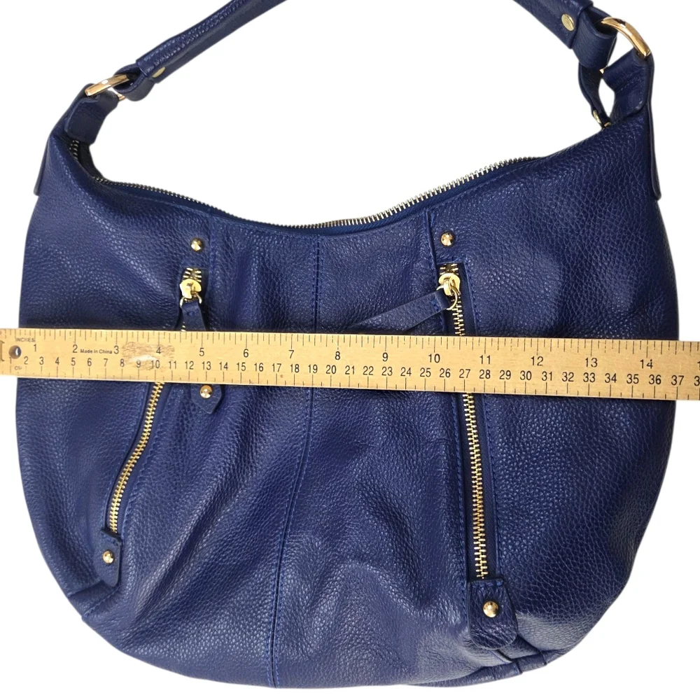 Kirsten Bell For Erica Anenberg Genuine Leather Tribeca Hobo Bag Blue Gold Zip